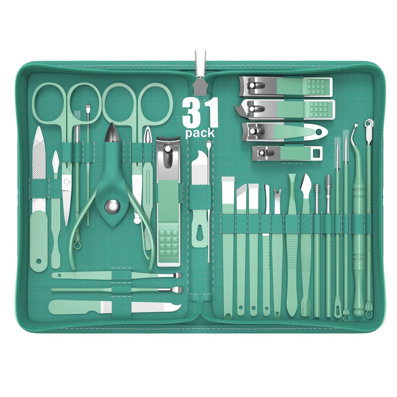 Tseoa Manicure Set Personal Care Nail Clipper Kit Professional Nail Clipper Pedicure Set Nail Tools with Luxurious Travel Case Gifts for Men Women Family Friend 31 Pieces Green